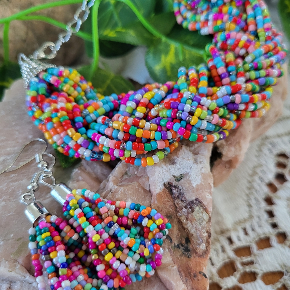 Vibrant Multicolor Beaded Bracelet and Earring Set
